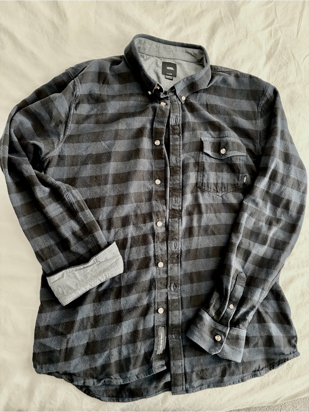Vans Men's Navy and Black Plaid Button-Up Shirt - sz XL